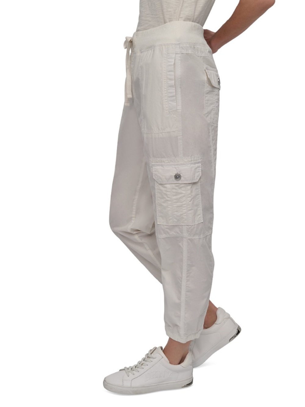 NWT $80 DKNY Sport Cotton Cargo Jogger Pants – White - Ribbed Waist - Picture 2 of 9